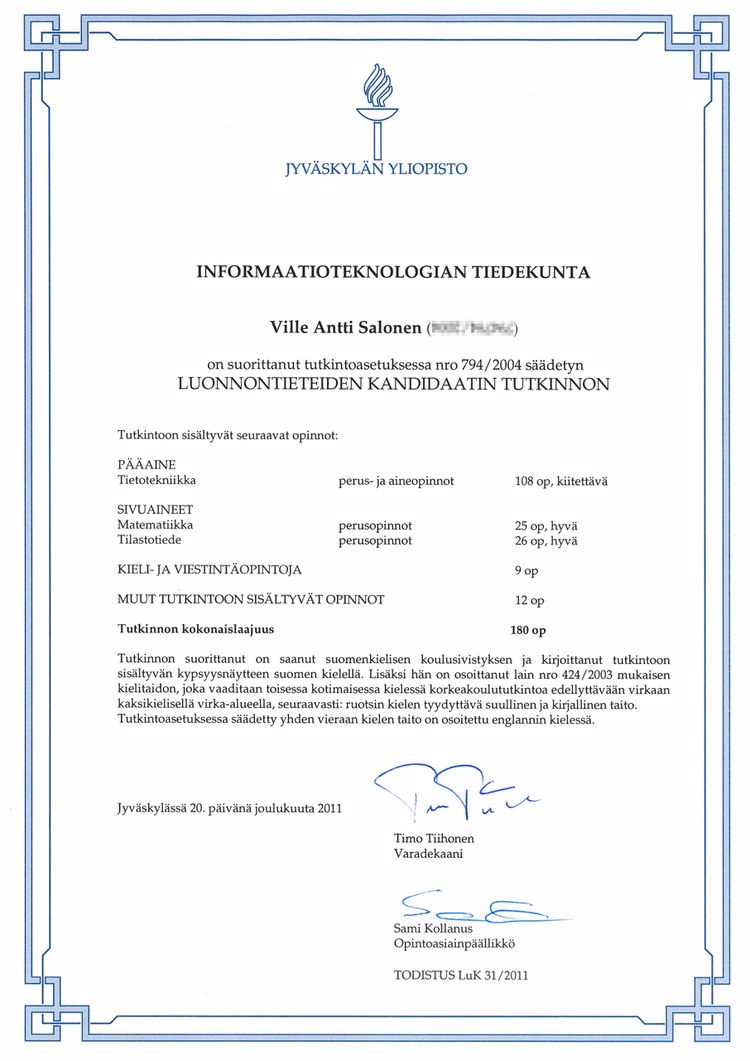 Buy Transcript Certificate from The Jyväskylän yliopisto